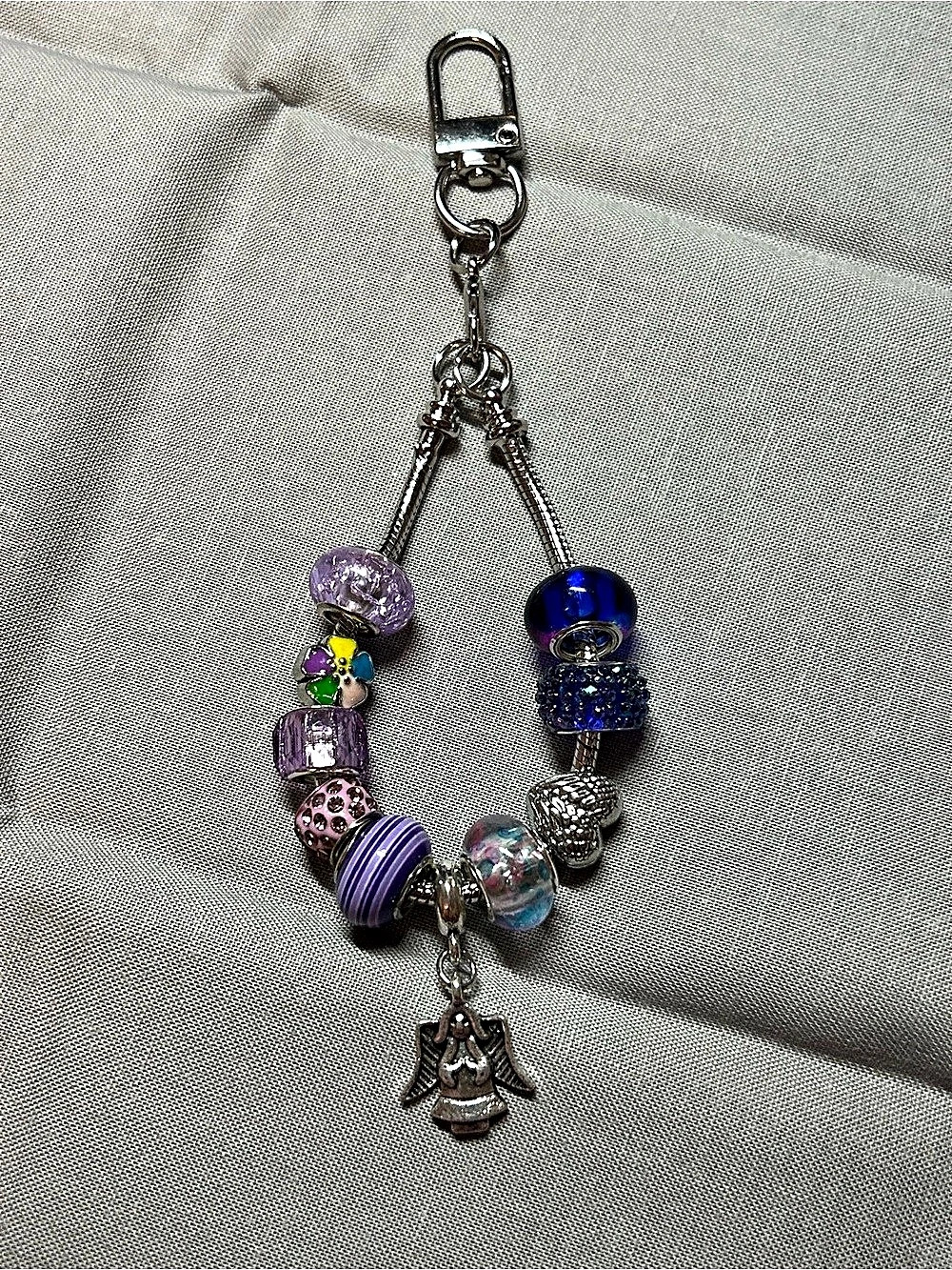 Handcrafted Beaded Angel Charm Keychain in Blue & Purple New
